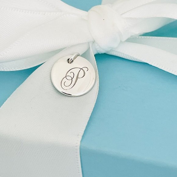 Tiffany Silver Letter P Alphabet Initial Round Circle Notes Charm Pendant - Picture 4 of 7
